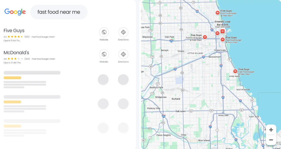 Birdeye Listings AI- Google ‘fast food near me’ search results showing restaurant listings and map locations.

