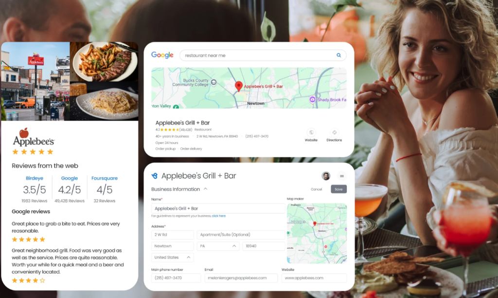 Composite mock-up of an Applebee’s Google Business Profile showing photo tiles, review snippets, star ratings from multiple sites, a Google map listing, and an editable business-info panel.