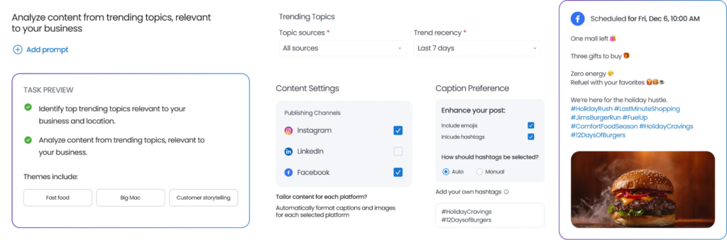 The image shows Birdeye Social AI Publishing Agent dashboard. 