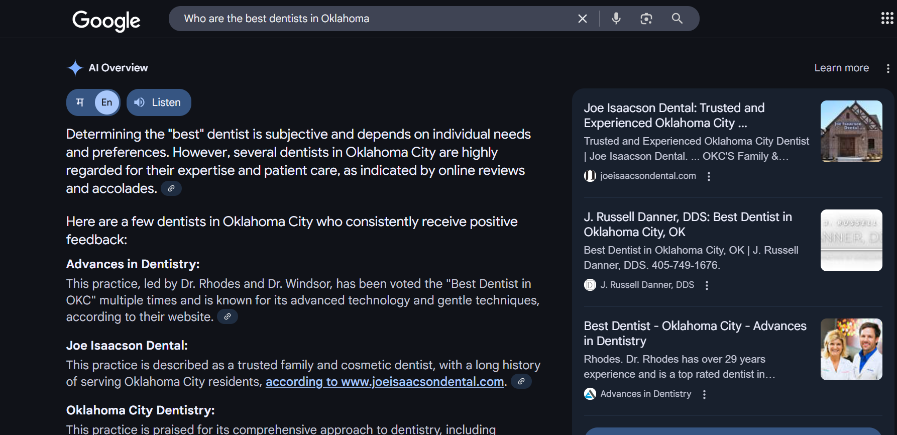 Google search results showing top-rated dentists in Oklahoma City with AI-generated overview and business listings.