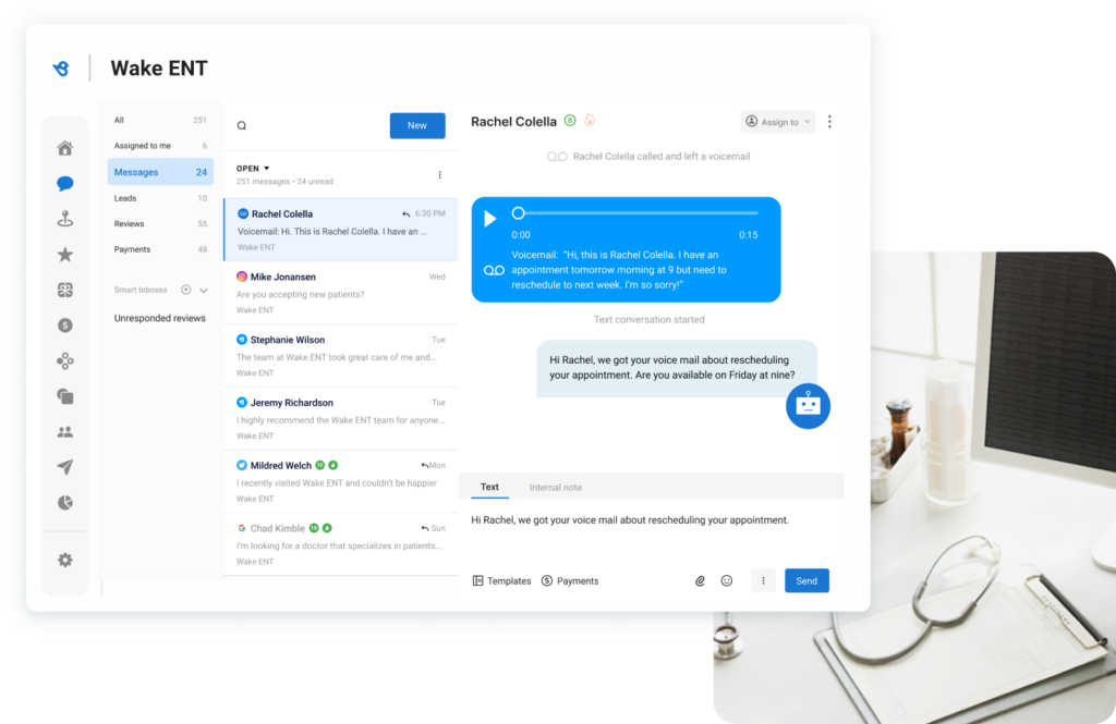 Birdeye inbox dashboard for Wake ENT showing voicemail transcription from a patient and a text reply confirming appointment rescheduling, with a list of incoming patient messages on the left.