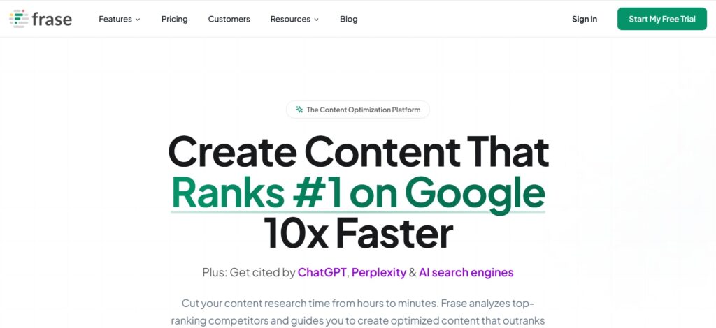 Frase homepage showcasing AI-powered content optimization to create search-optimized articles faster and improve rankings on Google and AI search engines.
