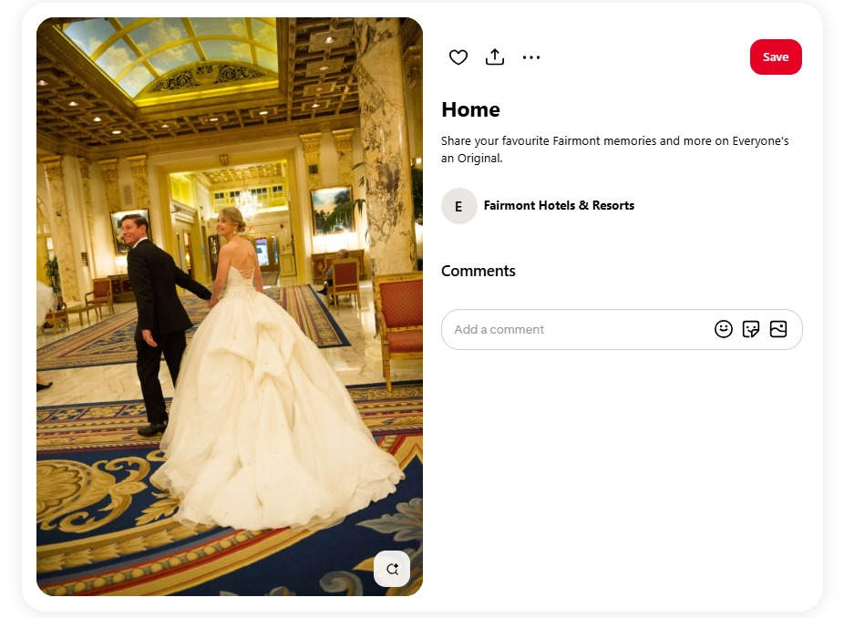 A newly-wed couple in a Pinterest ad of a Hotel's ambiance.