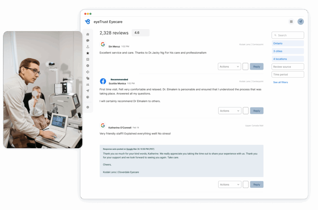 Birdeye review management dashboard for eyeTrust Eyecare displaying Google and Facebook patient reviews, star ratings, and an automated response posted by the clinic.