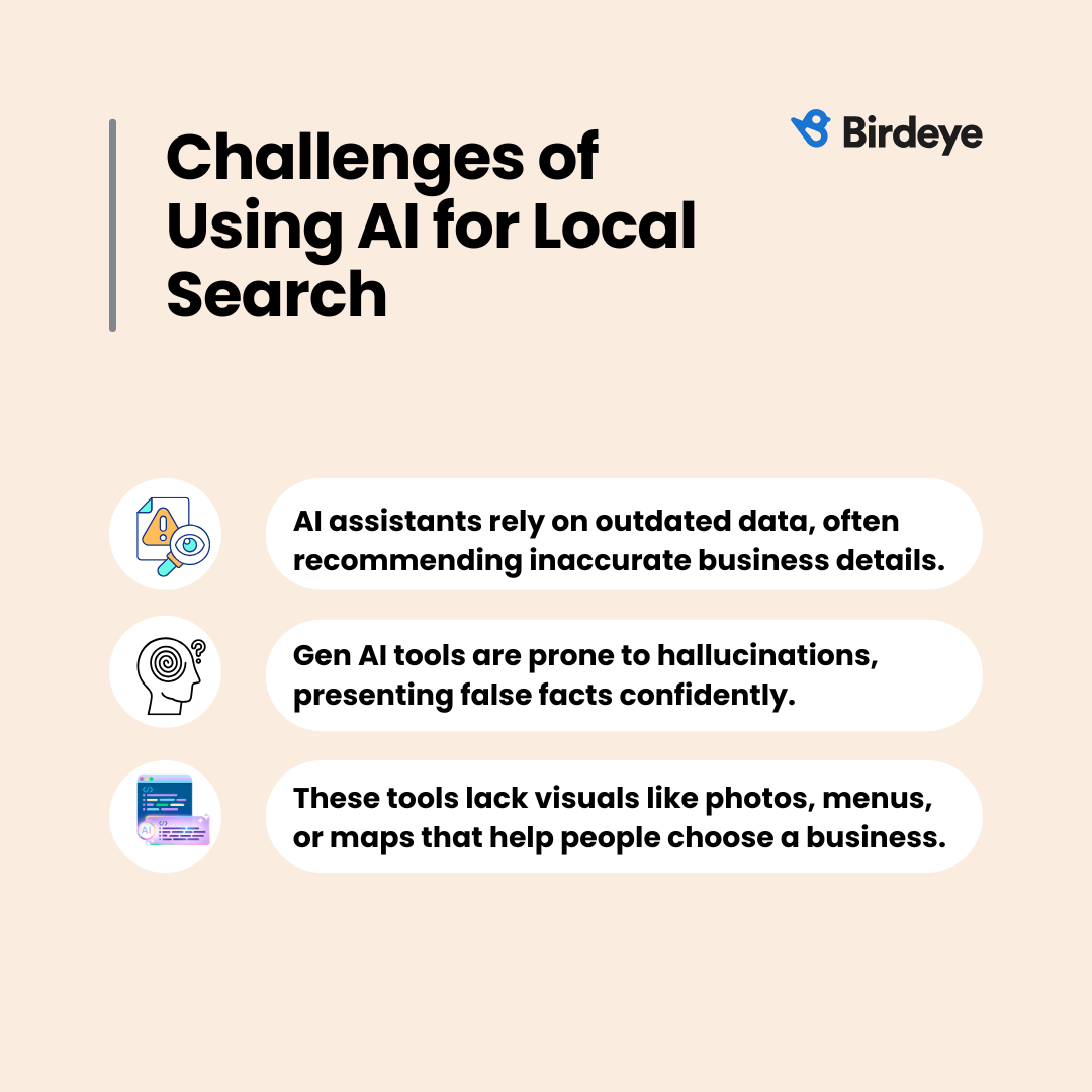 Birdeye infographic listing three challenges of using AI for local search including outdated data and lack of visuals.