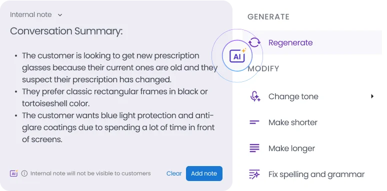 AI-generated internal conversation summary showing customer preferences for prescription glasses along with menu options to regenerate, change tone, or modify the note.
