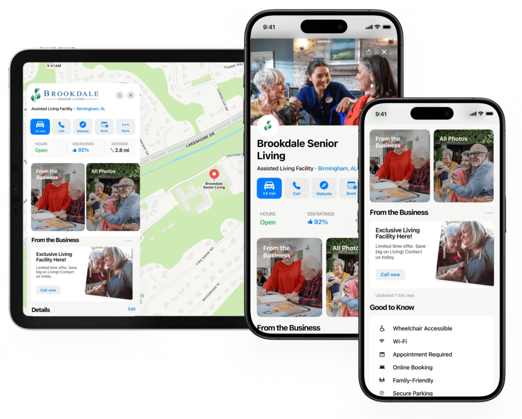 User interface of a business listing for Brookdale Senior Living on various devices showing map location, business details, photos, and accessibility features like wheelchair access and online booking.
