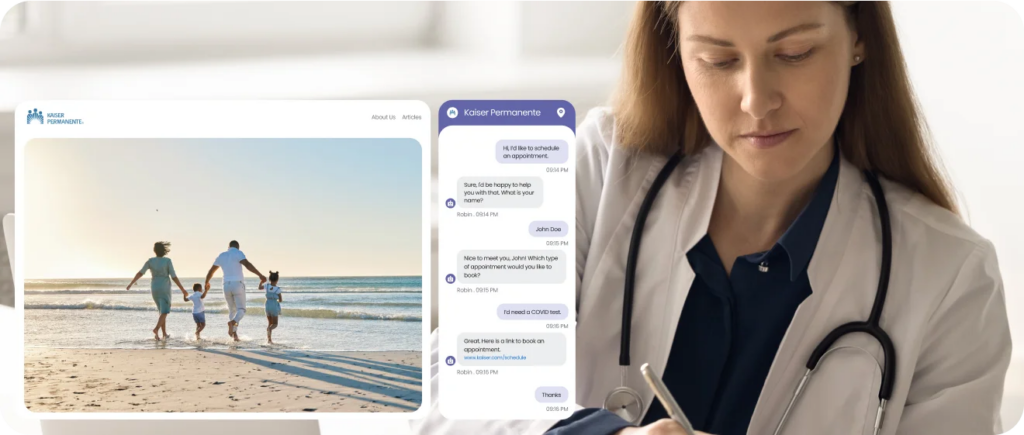 Split-screen image showing a Kaiser Permanente website with a family on the beach alongside a mobile chat interface where a patient schedules an appointment with automated assistance.