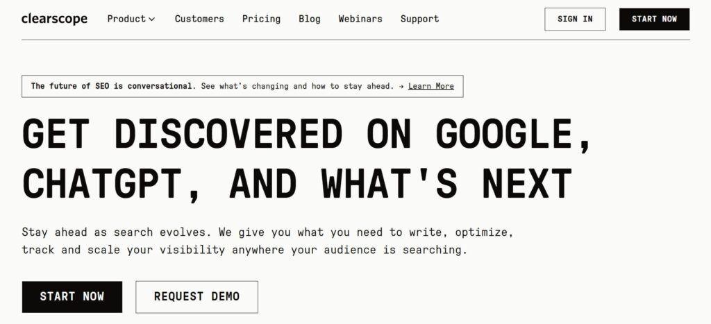 Clearscope homepage emphasizing content optimization for Google, ChatGPT, and future search experiences with AI-driven keyword and topic insights.