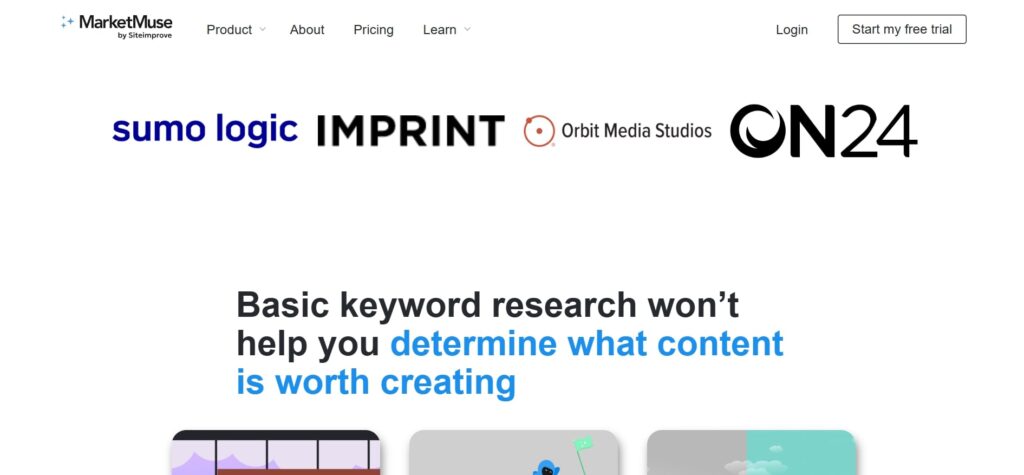 MarketMuse homepage explaining AI-powered content intelligence that identifies high-value topics and guides content strategy beyond basic keyword research.