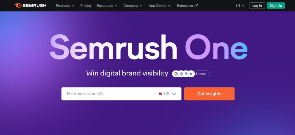 Semrush One homepage promoting an all-in-one platform for digital brand visibility, with a URL input field and tools for SEO, analytics, and competitive insights.