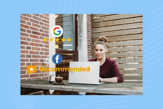In image of a woman using laptop to review insurance review sites.