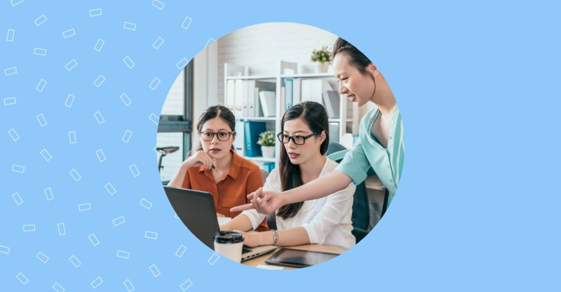 Image depicts three people discussing the knot reviews website
