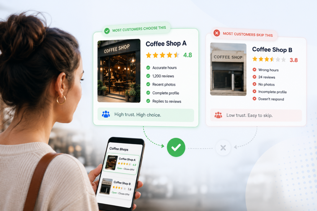 Comparison of two coffee shop Google Business Profiles showing how reviews, ratings, accurate business information, photos, and profile completeness influence customer choice before visiting. Illustrates the importance of local SEO and online reputation management for attracting more customers.