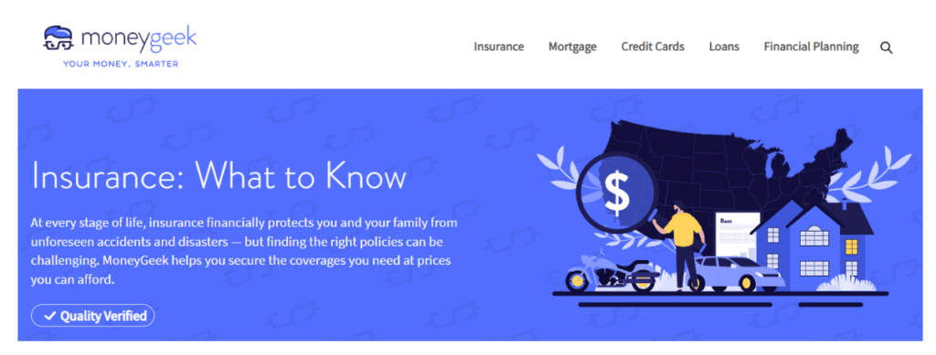 Screenshot of moneygeek insurance review site.