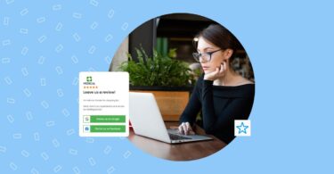 Image shows a person viewing an online review request from a business