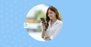 Image shows a customer answering surveys on mobile