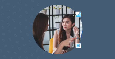 Two customers talking to each other regarding business recommendations.
