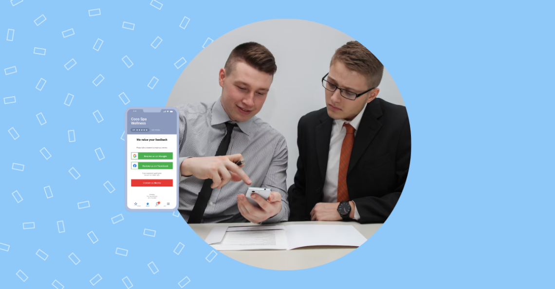 Image depicts two people discussing a review request received from a business