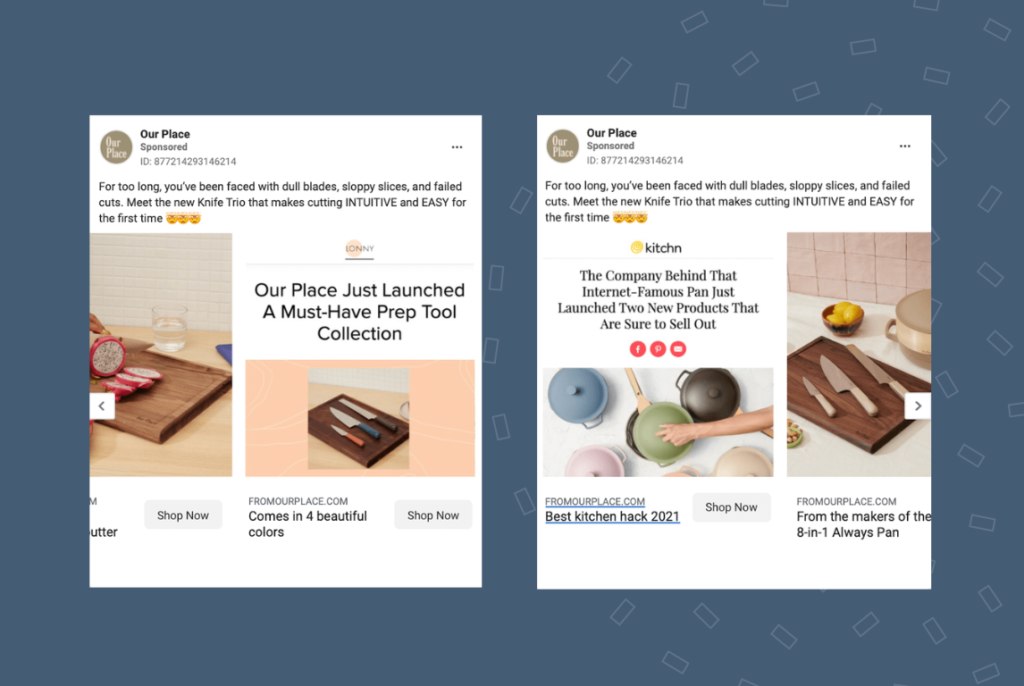 Screenshots of a carousel ad placed by a brand "Our Place" on Facebook to promote their products.