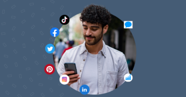 Image of a person interacting with various social media platforms using a mobile device.
