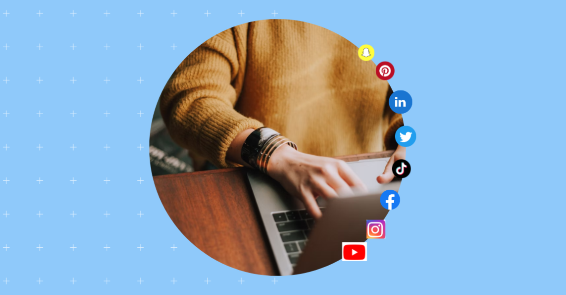The image shows a person working on social media images