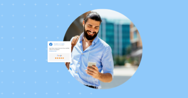 Image shows a person checking his phone and seeing a review of a brand on Facebook