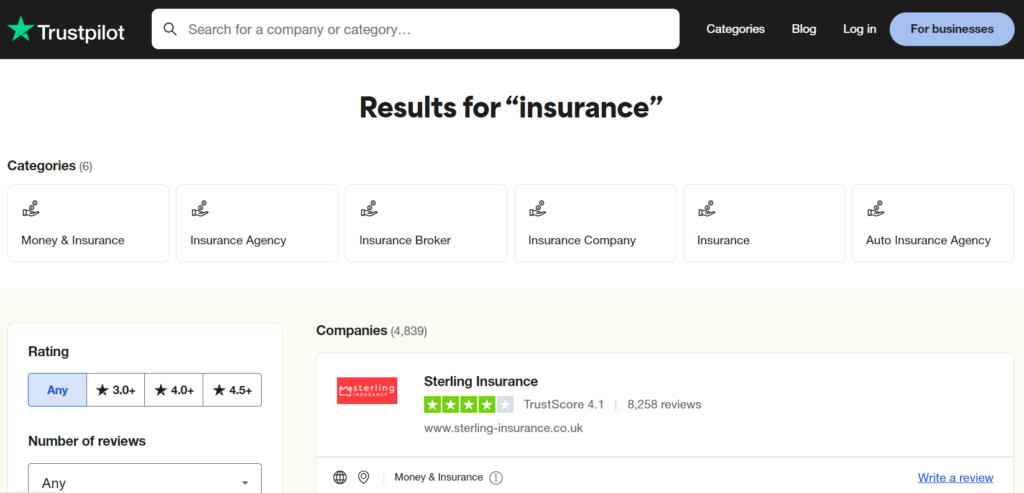 A screenshot of Trustpilot insurance review site.