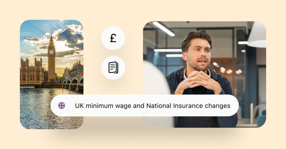 A man next to the image of Big Ben with UK minimum wage and National Insurance changes written on it.