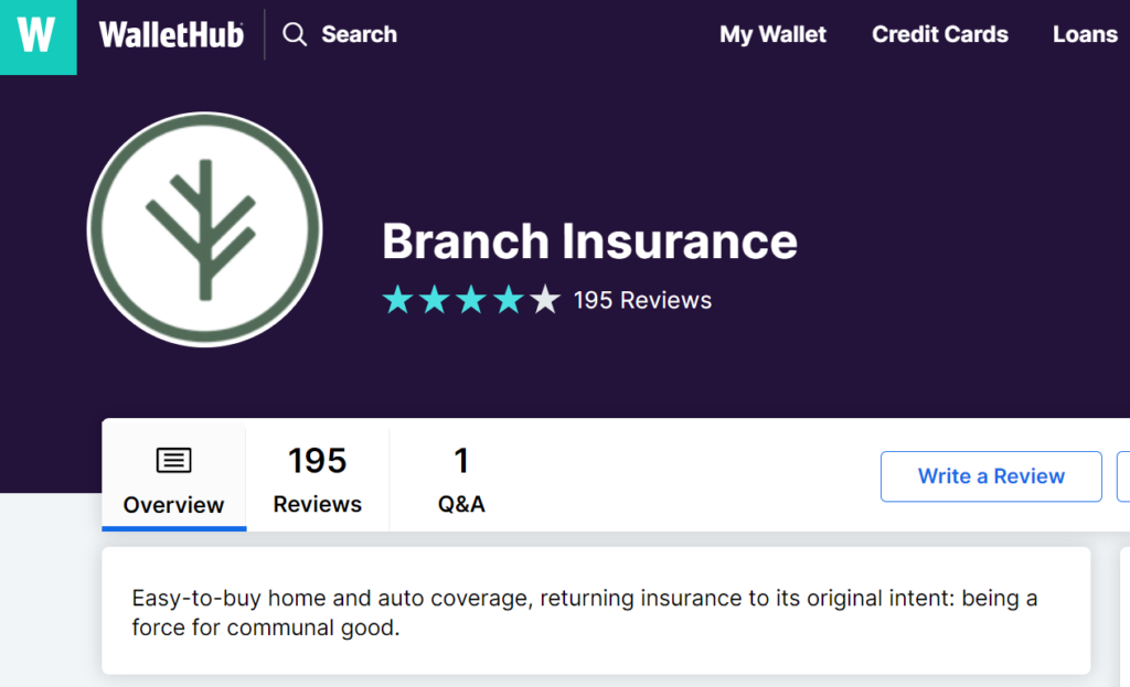 A screenshot of the WalletHub insurance review site.