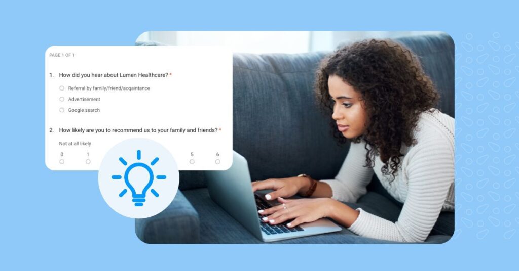 Woman taking a survey from a business, lumen healthcare. She is taking it following a psychology appointment in this case.