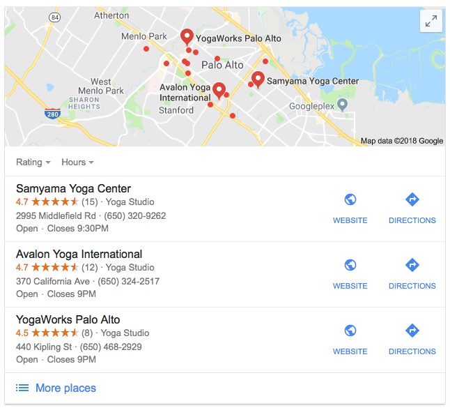 Example of a Google 3-Pack and how Google reviews improve click through rates to website